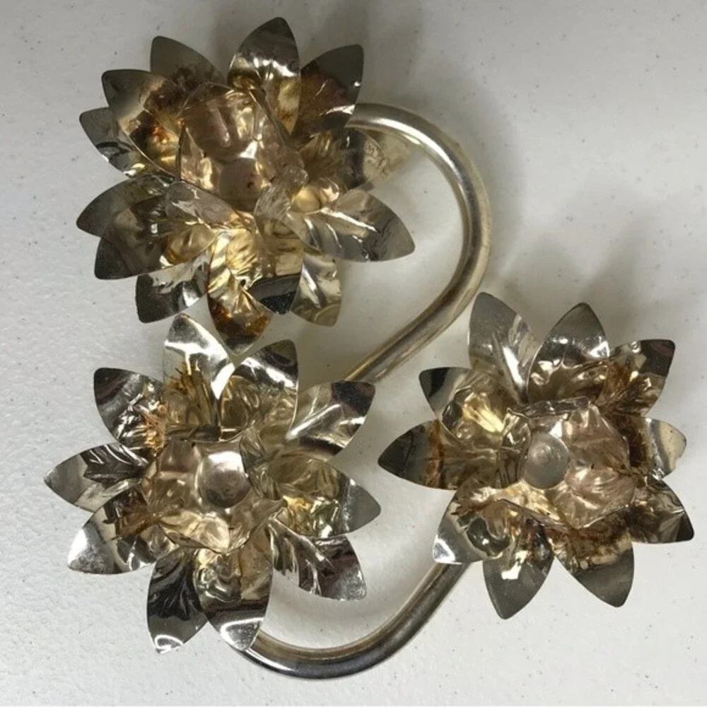 Vintage Triple Flower Candlestick Holder Silver Tone Candelabra Patina Holiday